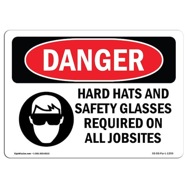 OSHA Sign, Hard Hats Glasses Required Jobsites, 5in X 3.5in, 10PK, 5" W, 3.5" H, Landscap, PK10